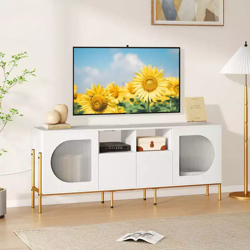 Mobile TV Bianco con Stazione di Ricarica, Ante Scanalate e 2 Cassetti, Adatto per TV fino a 70"