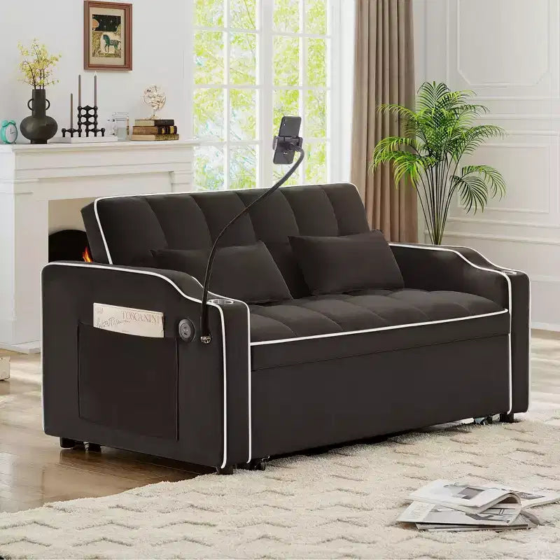 Divano Letto Estraibile in Velluto, Nero/Marrone/Rosa, 2 Posti