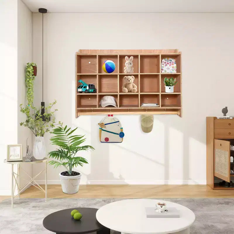 Mensola organizer in legno marrone da parete con scarpiera e ganci – Fino a 10 bambini