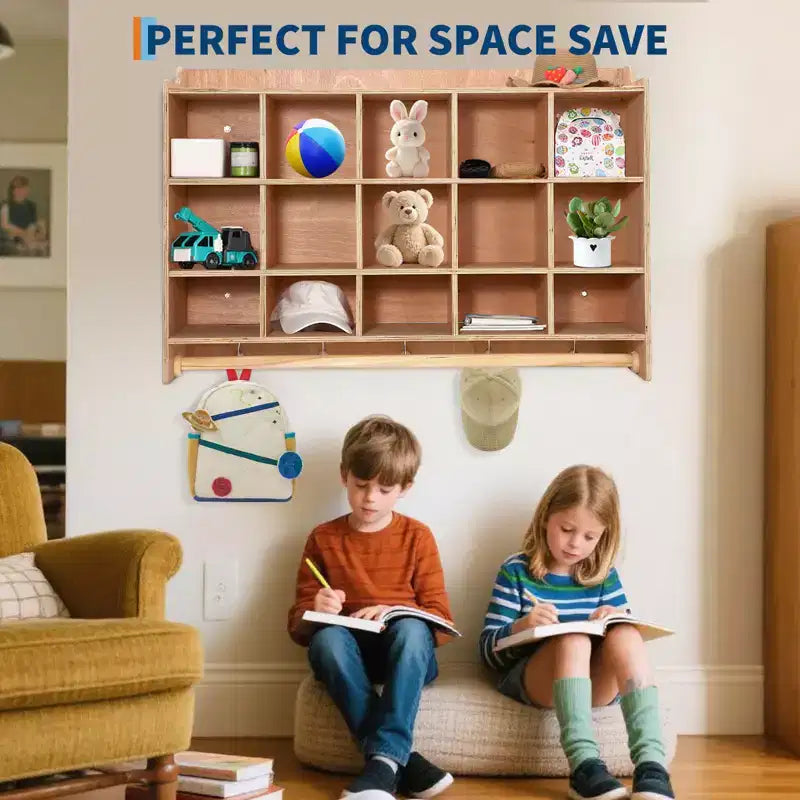 Mensola organizer in legno marrone da parete con scarpiera e ganci – Fino a 10 bambini