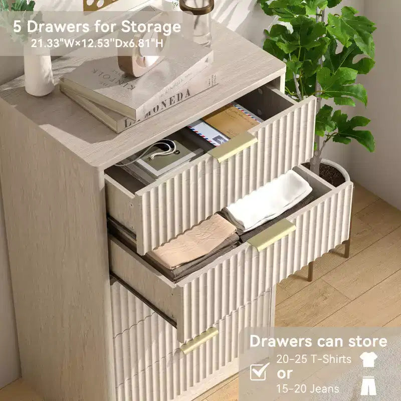 Cassettiera alta a 5 cassetti in rovere, pannello con scanalatura a onda, utente singolo
