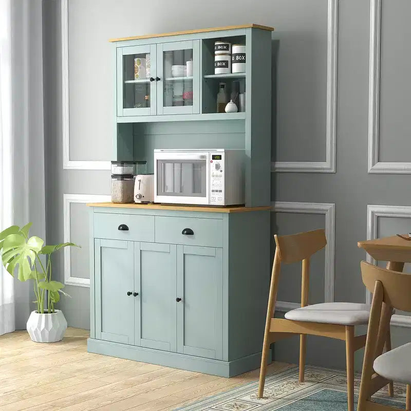 Dispensa da Cucina Autoportante Azzurra e in Legno Naturale con Cassetti e Ripiani Regolabili, 1 Pezzo