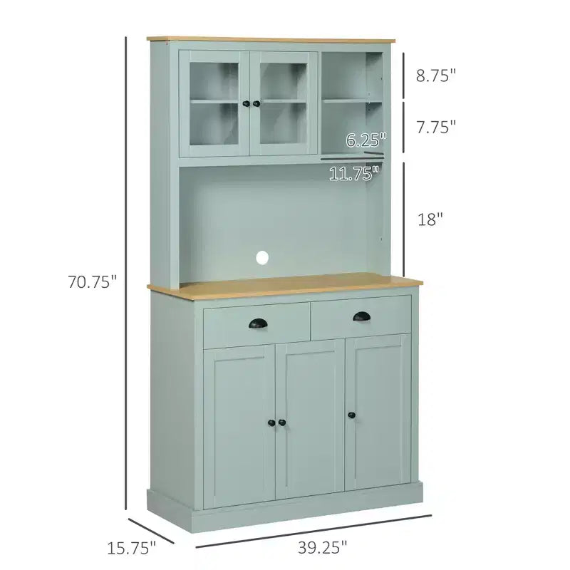 Dispensa da Cucina Autoportante Azzurra e in Legno Naturale con Cassetti e Ripiani Regolabili, 1 Pezzo