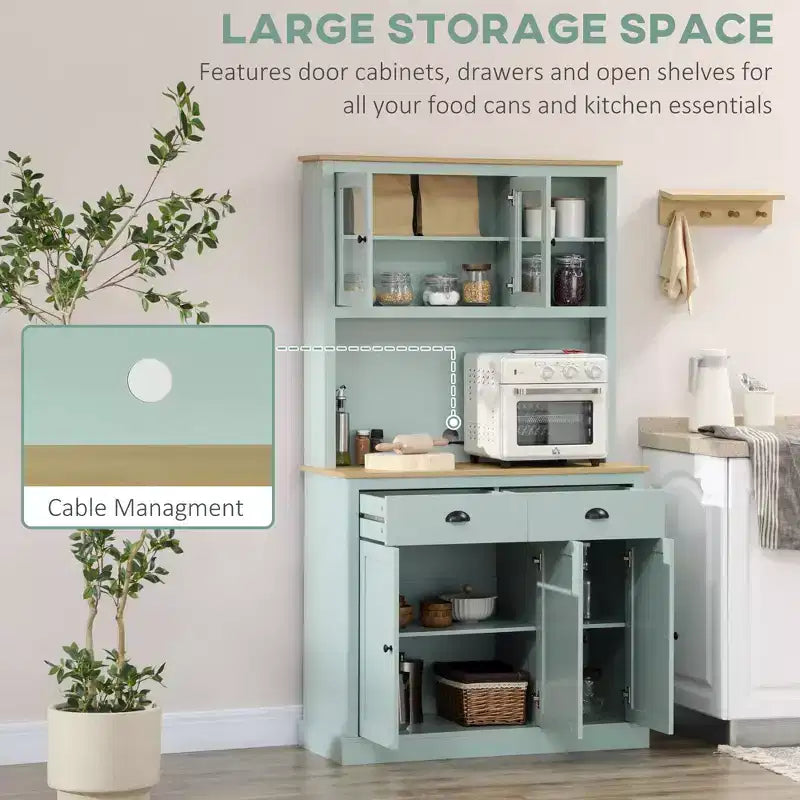 Dispensa da Cucina Autoportante Azzurra e in Legno Naturale con Cassetti e Ripiani Regolabili, 1 Pezzo