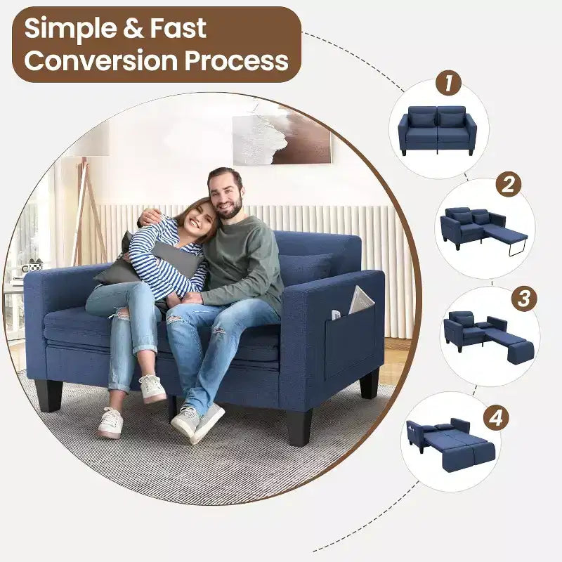 Divano letto convertibile 6 in 1, Blu/Grigio, Divanetto 2 posti trasformabile con letto estraibile, tasche portaoggetti e 2 cuscini, Lino