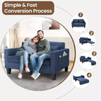 Divano letto convertibile 6 in 1, Blu/Grigio, Divanetto 2 posti trasformabile con letto estraibile, tasche portaoggetti e 2 cuscini, Lino