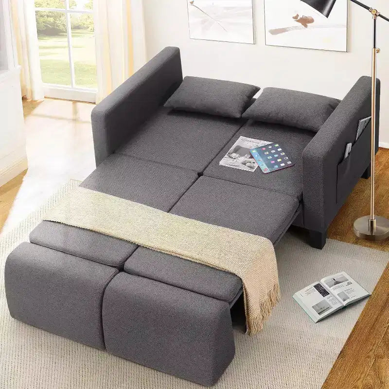 Divano letto convertibile 6 in 1, Blu/Grigio, Divanetto 2 posti trasformabile con letto estraibile, tasche portaoggetti e 2 cuscini, Lino