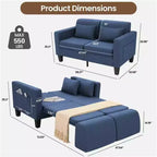 Divano letto convertibile 6 in 1, Blu/Grigio, Divanetto 2 posti trasformabile con letto estraibile, tasche portaoggetti e 2 cuscini, Lino