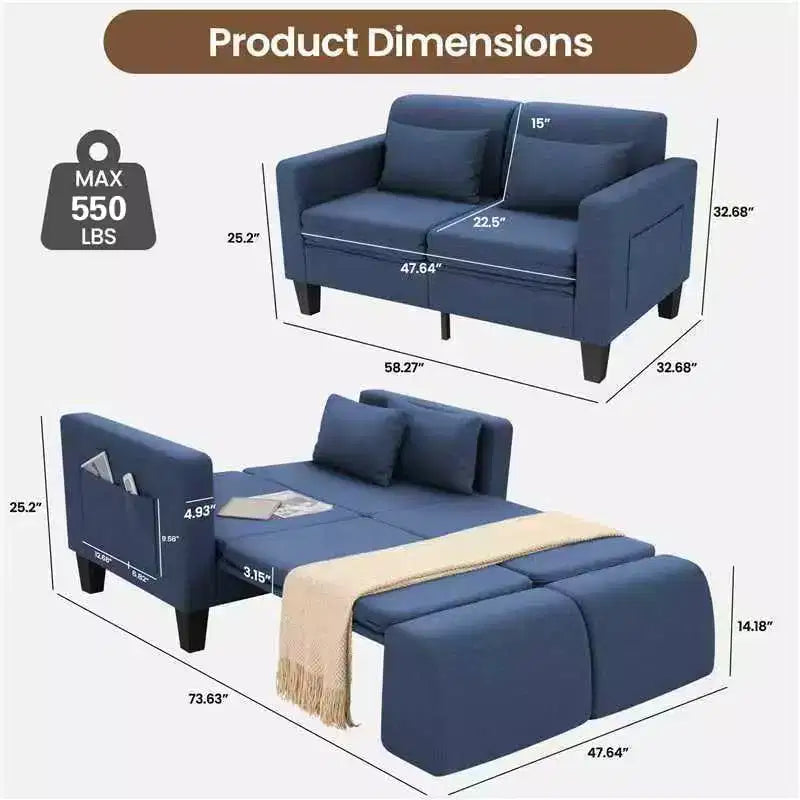 Divano letto convertibile 6 in 1, Blu/Grigio, Divanetto 2 posti trasformabile con letto estraibile, tasche portaoggetti e 2 cuscini, Lino
