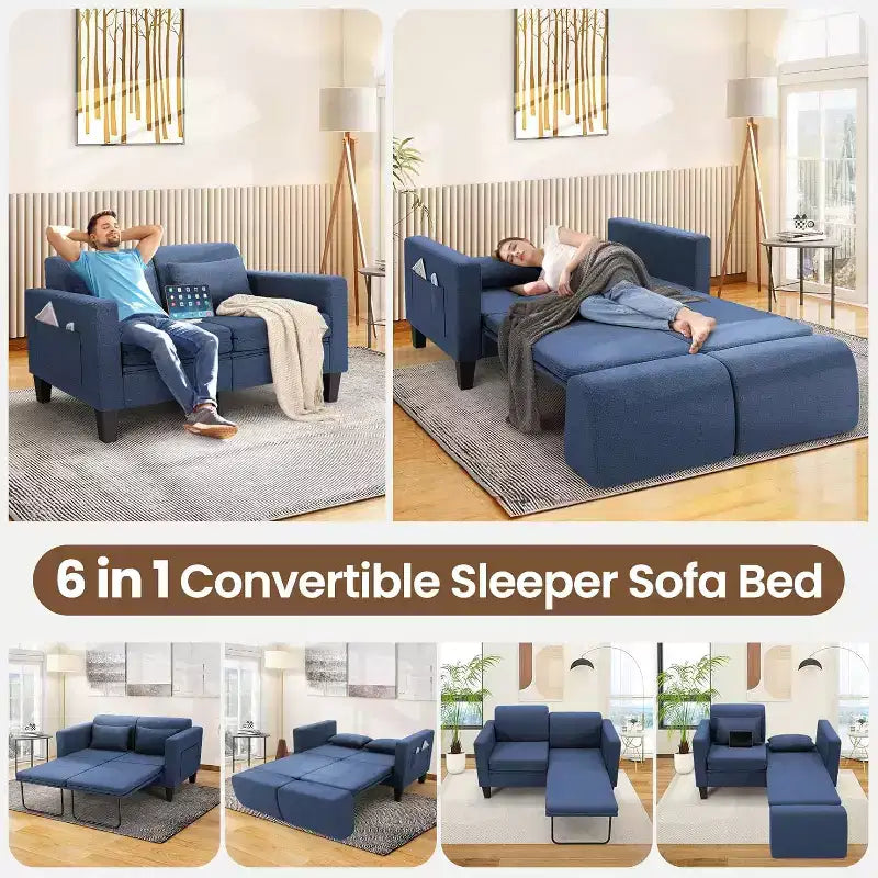 Divano letto convertibile 6 in 1, Blu/Grigio, Divanetto 2 posti trasformabile con letto estraibile, tasche portaoggetti e 2 cuscini, Lino