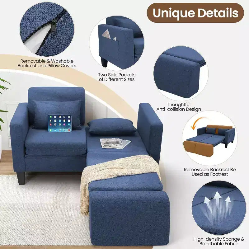 Divano letto convertibile 6 in 1, Blu/Grigio, Divanetto 2 posti trasformabile con letto estraibile, tasche portaoggetti e 2 cuscini, Lino