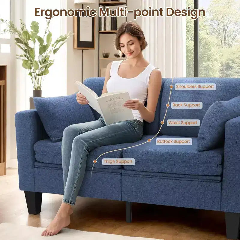 Divano letto convertibile 6 in 1, Blu/Grigio, Divanetto 2 posti trasformabile con letto estraibile, tasche portaoggetti e 2 cuscini, Lino