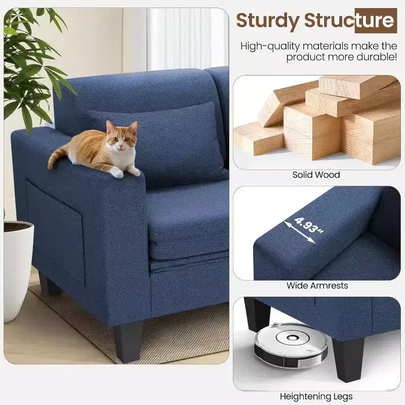 Divano letto convertibile 6 in 1, Blu/Grigio, Divanetto 2 posti trasformabile con letto estraibile, tasche portaoggetti e 2 cuscini, Lino