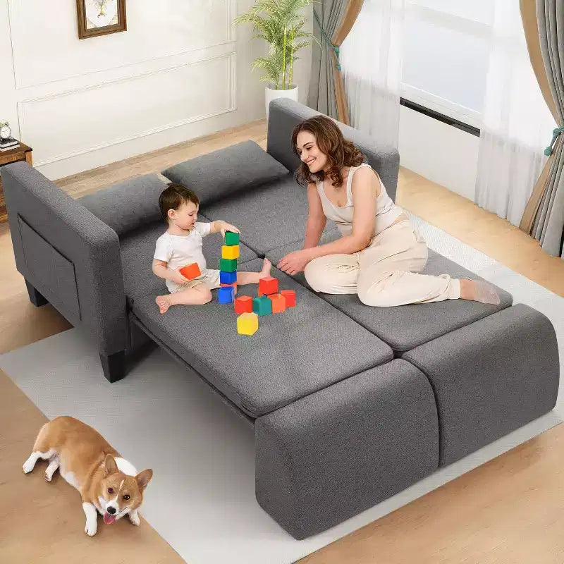 Divano letto convertibile 6 in 1, Blu/Grigio, Divanetto 2 posti trasformabile con letto estraibile, tasche portaoggetti e 2 cuscini, Lino