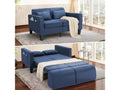 Divano letto convertibile 6 in 1, Blu/Grigio, Divanetto 2 posti trasformabile con letto estraibile, tasche portaoggetti e 2 cuscini, Lino