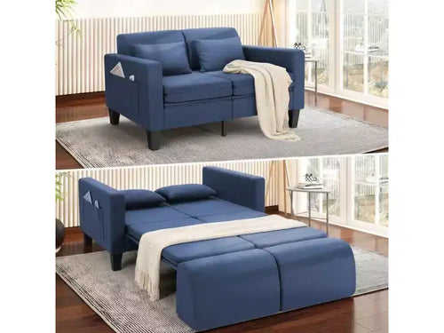 Divano letto convertibile 6 in 1, Blu/Grigio, Divanetto 2 posti trasformabile con letto estraibile, tasche portaoggetti e 2 cuscini, Lino