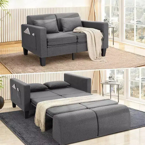 Homdox 6-in-1 Convertible Sofa Bed, 58 Loveseat Sleeper w/ Pull Out Bed, Storage Pockets & 2 Pillows, Modern Linen Futon