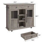Carrello/Isola da Cucina Pieghevole Grigio con Ruote, 2 Ante in Vetro, 2 Cassetti, Portasciugamani