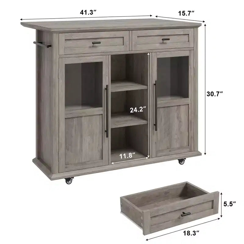 Carrello/Isola da Cucina Pieghevole Grigio con Ruote, 2 Ante in Vetro, 2 Cassetti, Portasciugamani