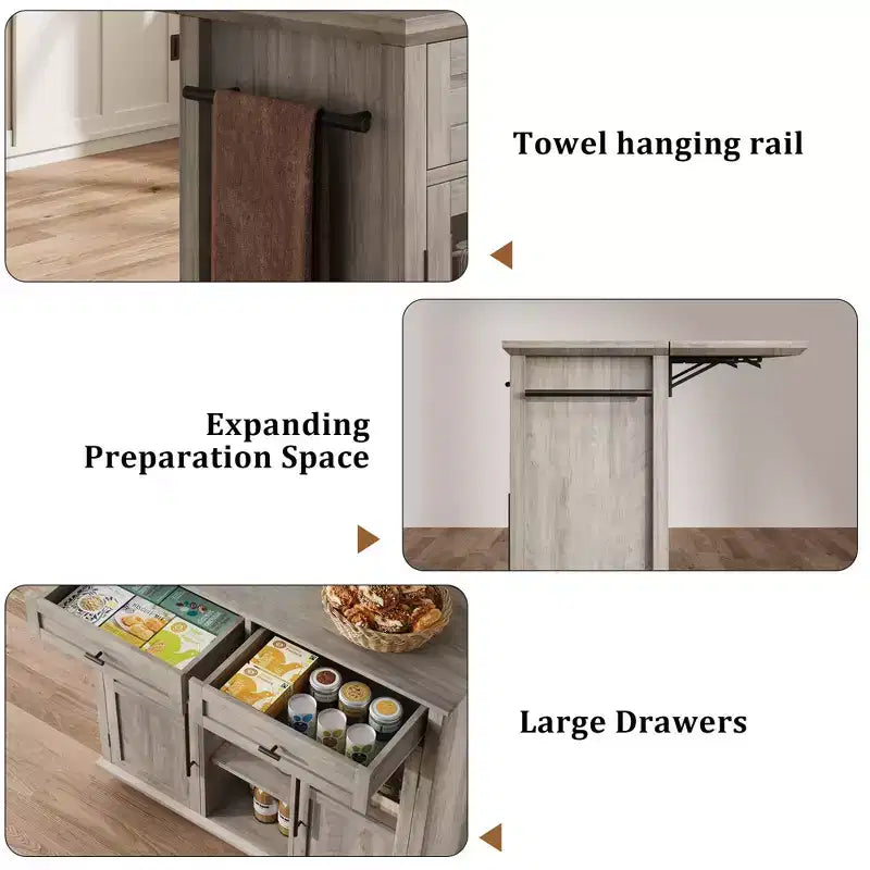 Carrello/Isola da Cucina Pieghevole Grigio con Ruote, 2 Ante in Vetro, 2 Cassetti, Portasciugamani