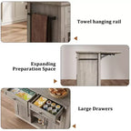 Carrello/Isola da Cucina Pieghevole Grigio con Ruote, 2 Ante in Vetro, 2 Cassetti, Portasciugamani