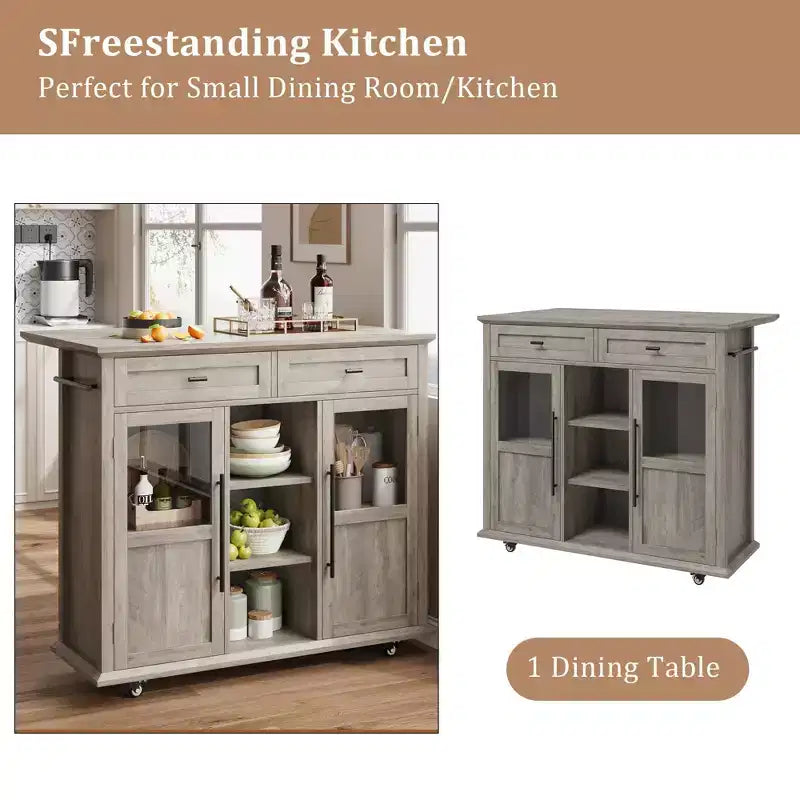 Carrello/Isola da Cucina Pieghevole Grigio con Ruote, 2 Ante in Vetro, 2 Cassetti, Portasciugamani