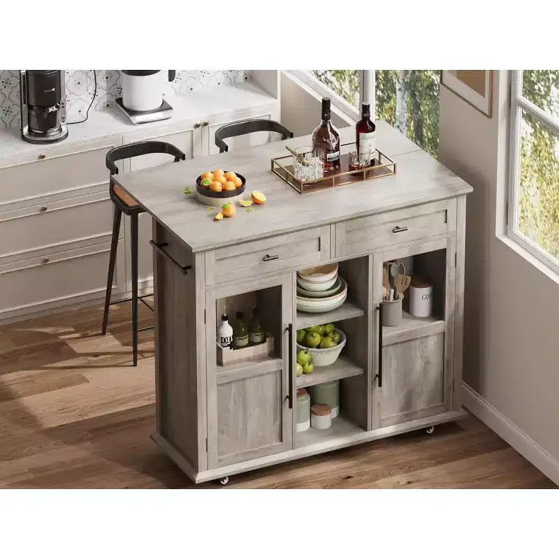 Carrello/Isola da Cucina Pieghevole Grigio con Ruote, 2 Ante in Vetro, 2 Cassetti, Portasciugamani