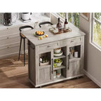 Carrello/Isola da Cucina Pieghevole Grigio con Ruote, 2 Ante in Vetro, 2 Cassetti, Portasciugamani