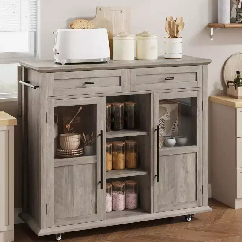Carrello/Isola da Cucina Pieghevole Grigio con Ruote, 2 Ante in Vetro, 2 Cassetti, Portasciugamani