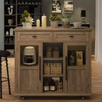 Carrello/Isola da Cucina Pieghevole Grigio con Ruote, 2 Ante in Vetro, 2 Cassetti, Portasciugamani