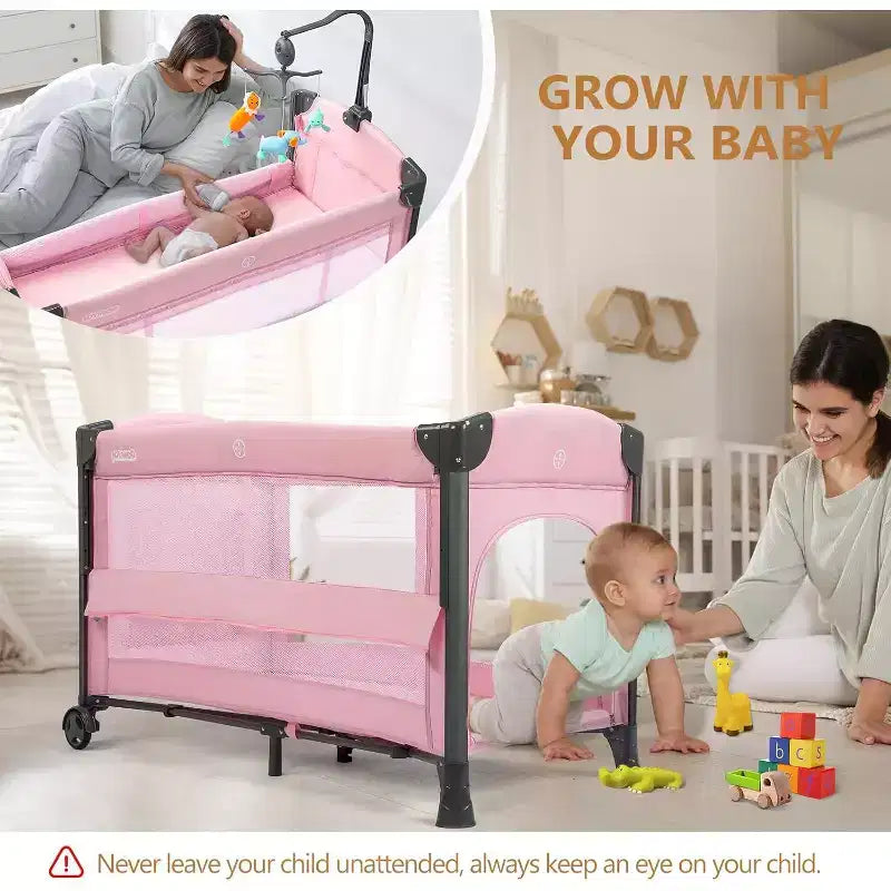 Culla e box da viaggio 3-in-1 rosa per 1 neonato