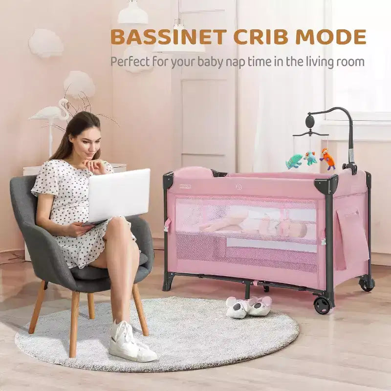 Culla e box da viaggio 3-in-1 rosa per 1 neonato