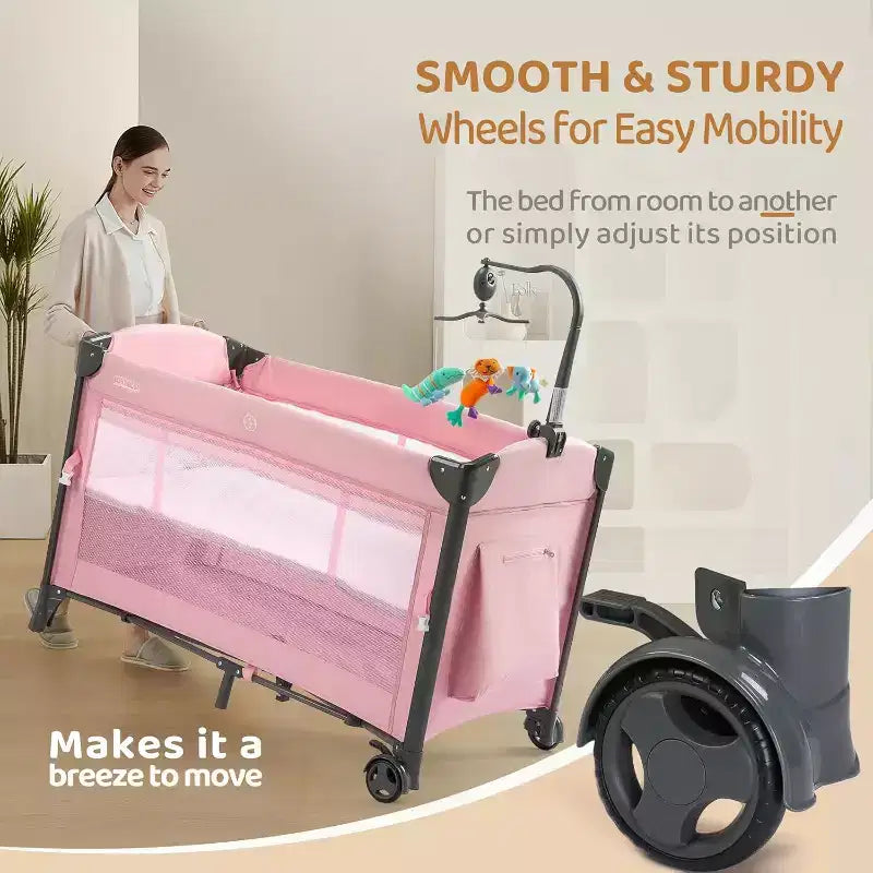 Culla e box da viaggio 3-in-1 rosa per 1 neonato