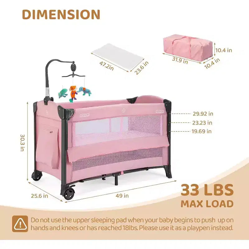 Culla e box da viaggio 3-in-1 rosa per 1 neonato
