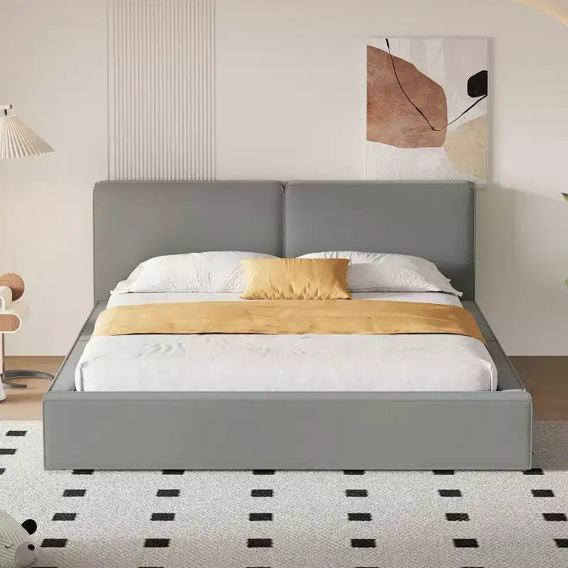Letto a piattaforma Queen imbottito in velluto beige/grigio, non necessita di rete a molle