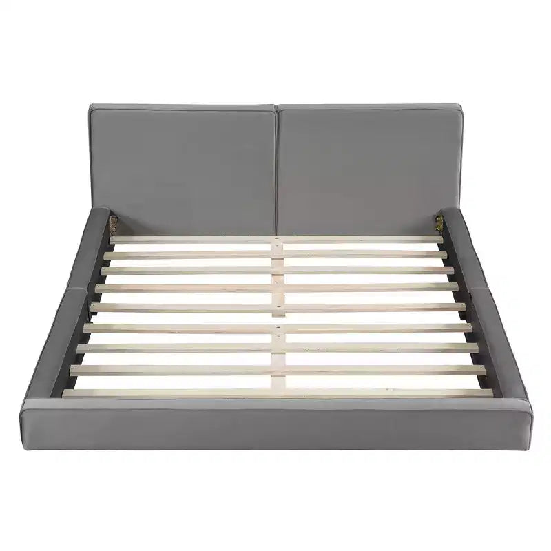 Letto a piattaforma Queen imbottito in velluto beige/grigio, non necessita di rete a molle