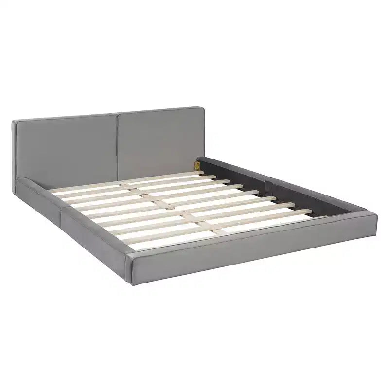 Letto a piattaforma Queen imbottito in velluto beige/grigio, non necessita di rete a molle
