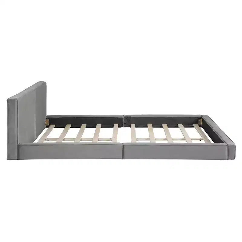 Letto a piattaforma Queen imbottito in velluto beige/grigio, non necessita di rete a molle