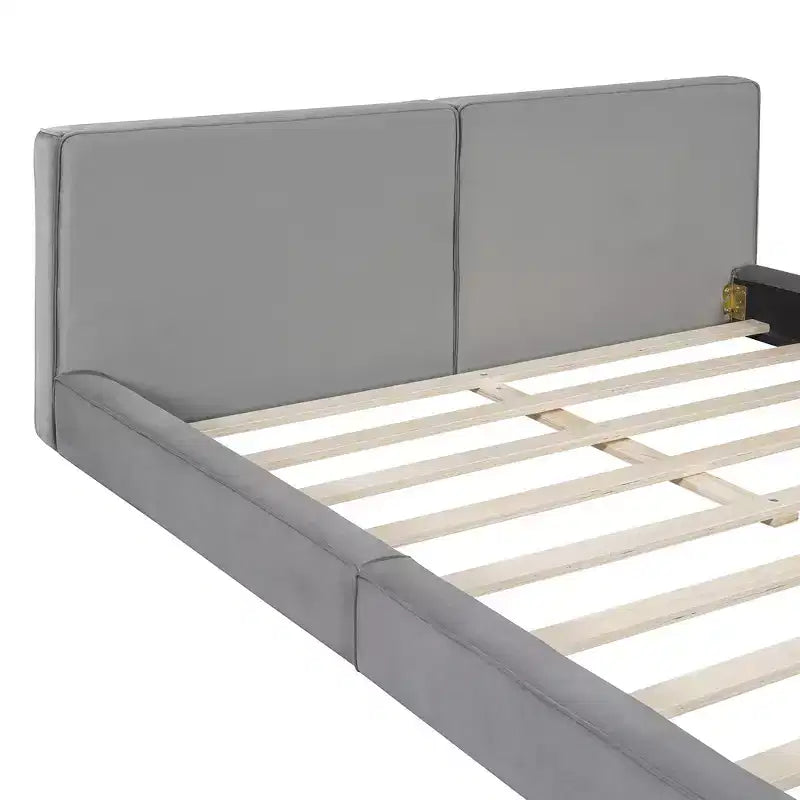 Letto a piattaforma Queen imbottito in velluto beige/grigio, non necessita di rete a molle