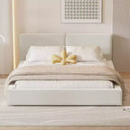 Letto a piattaforma Queen imbottito in velluto beige/grigio, non necessita di rete a molle