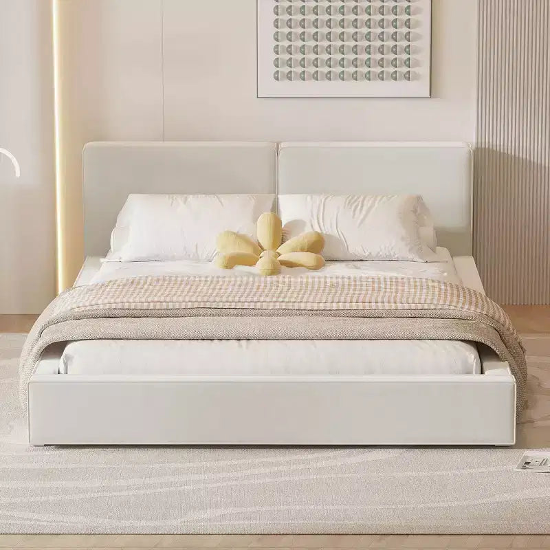 Letto a piattaforma Queen imbottito in velluto beige/grigio, non necessita di rete a molle