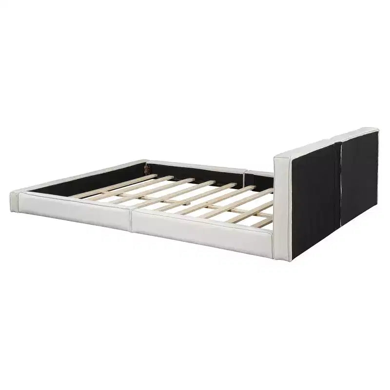 Letto a piattaforma Queen imbottito in velluto beige/grigio, non necessita di rete a molle