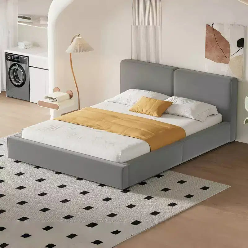Letto a piattaforma Queen imbottito in velluto beige/grigio, non necessita di rete a molle