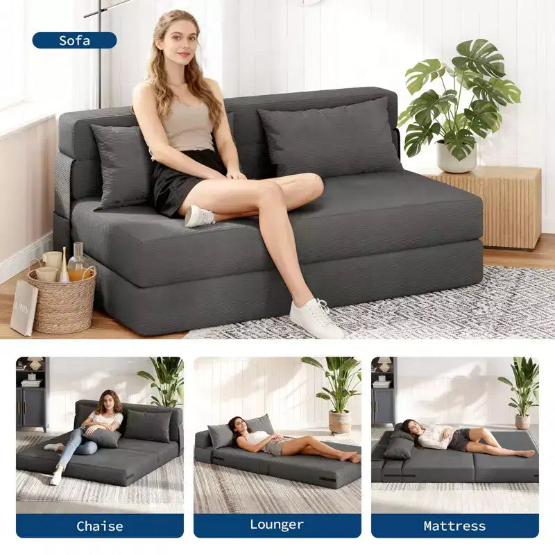 Divano Letto Pieghevole 4-in-1 in Velluto a Coste Grigio Scuro, 2 Posti