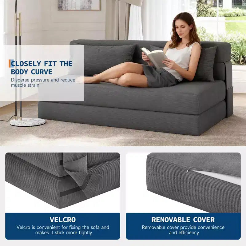 Divano Letto Pieghevole 4-in-1 in Velluto a Coste Grigio Scuro, 2 Posti