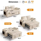 Divano letto trasformabile 3-in-1 in ciniglia e velluto a coste beige/grigio/verde, 2 posti