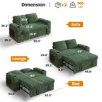 Divano letto trasformabile 3-in-1 in ciniglia e velluto a coste beige/grigio/verde, 2 posti