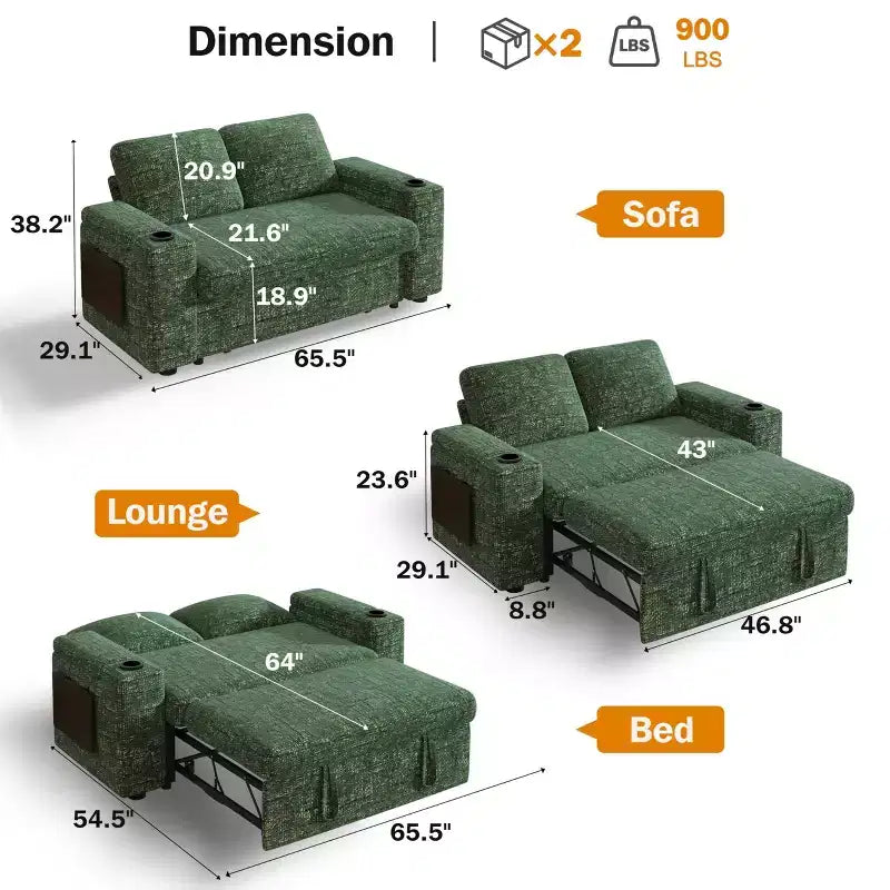 Divano letto trasformabile 3-in-1 in ciniglia e velluto a coste beige/grigio/verde, 2 posti
