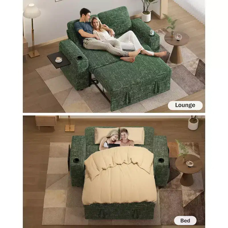 Divano letto trasformabile 3-in-1 in ciniglia e velluto a coste beige/grigio/verde, 2 posti