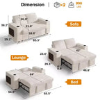 Divano letto trasformabile 3-in-1 in ciniglia e velluto a coste beige/grigio/verde, 2 posti